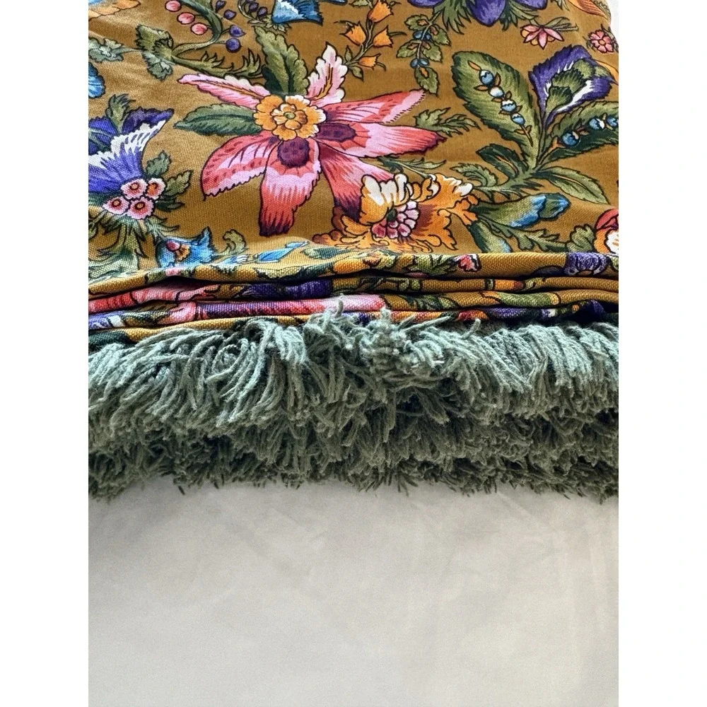 Vintage Retro Fringe‎ Tablecloth 1970 green 44X56 floral colorful!